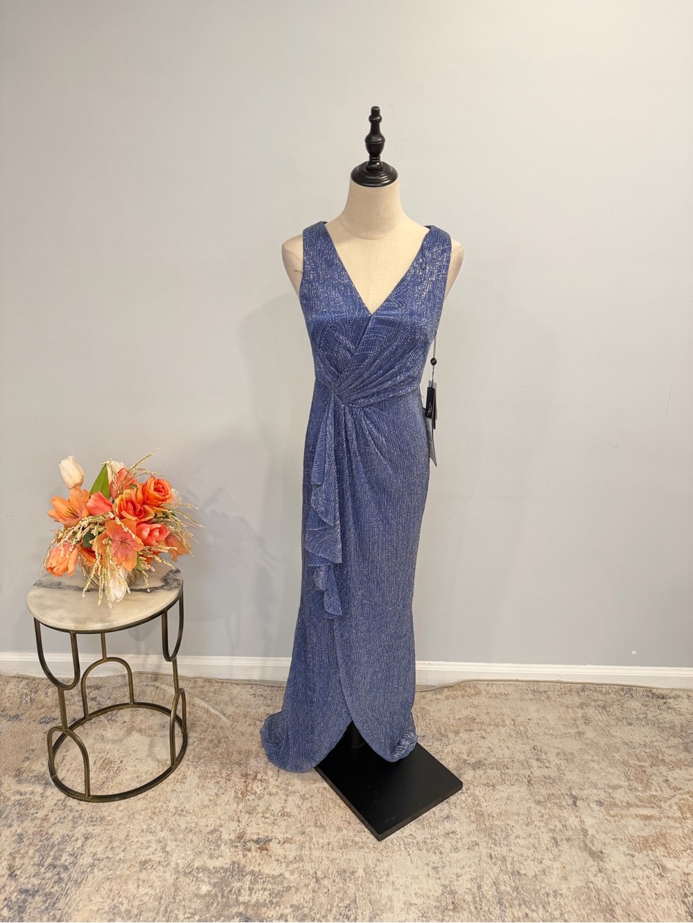 Adrianna Papell Metallic Navy Mesh Cascading V-Neck Sleeveless Maxi Gown
